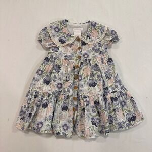 Shabby Chic Floral Tiered Dress Toddler Girl 24M Purple Blue Lace Collar Cottage
